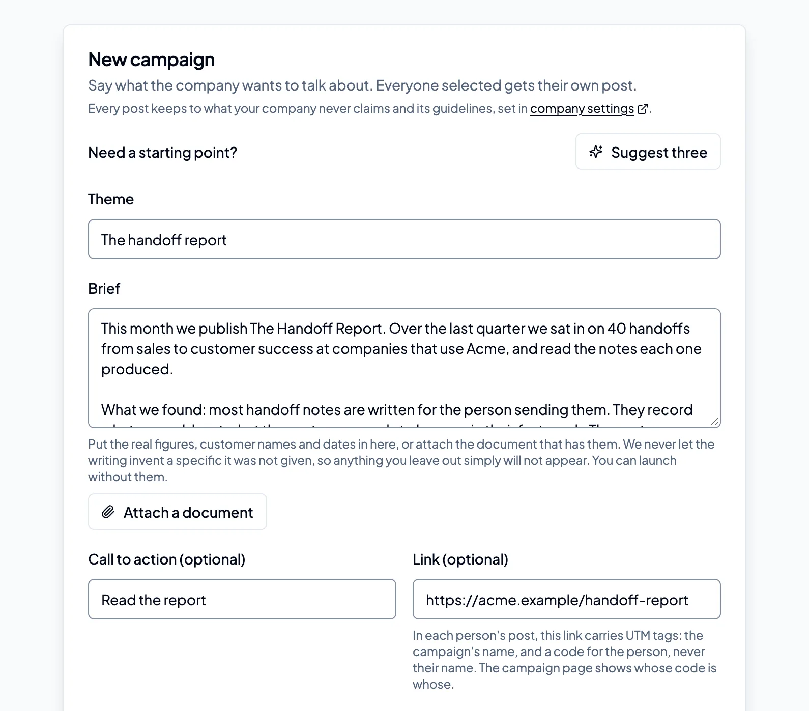 The New campaign form in Postfox, filled in with the sample brief.