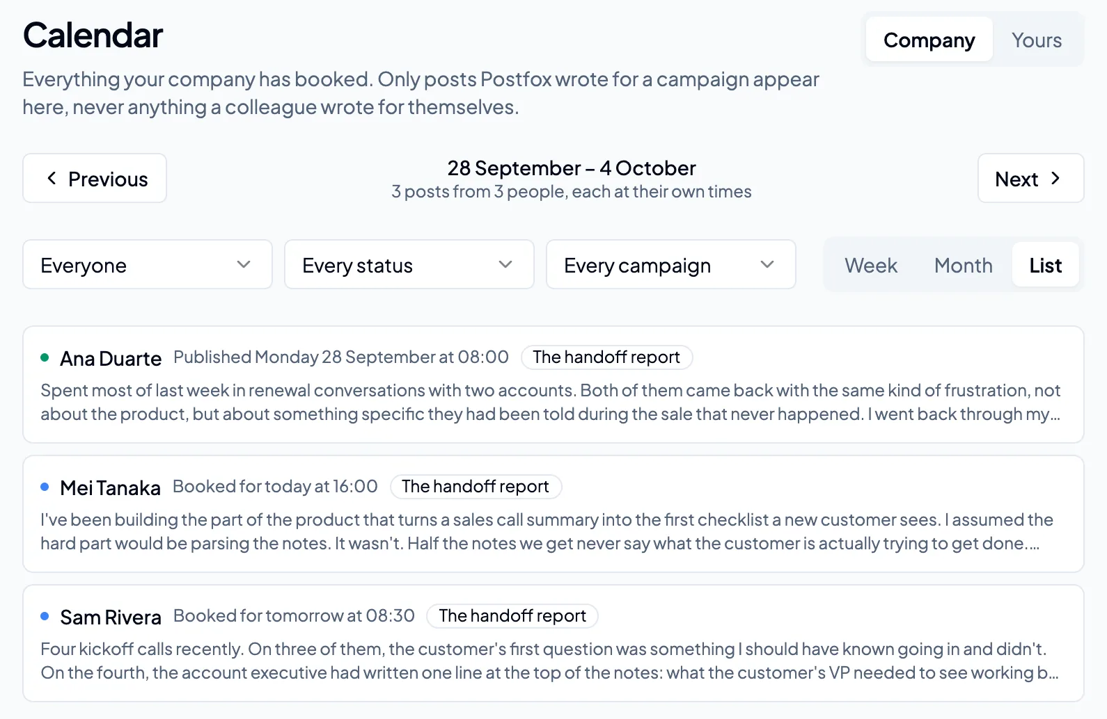 The company calendar in Postfox: this week's posts from the sample campaign, each at its author's own time.
